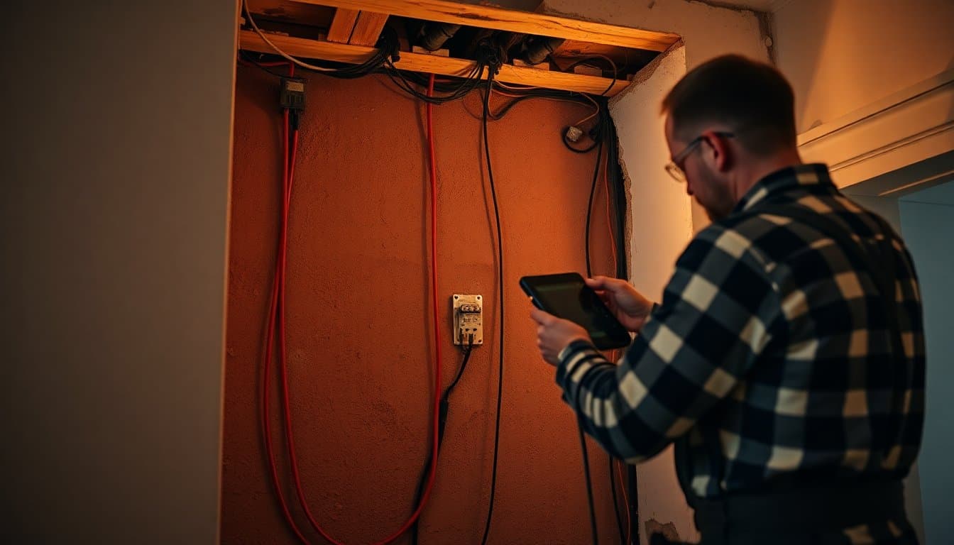 Travaux de rénovation électrique dans une maison ancienne, câblage apparent avant pose des cloisons